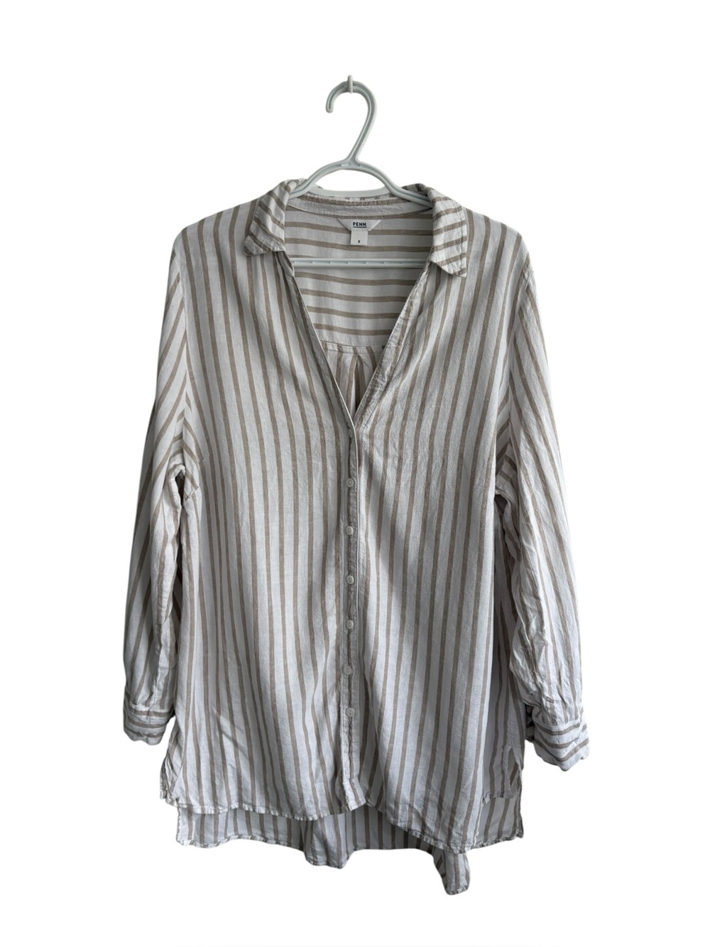 Penningtons Linen Blend Striped Button Front Blouse Size X (14) Neutral